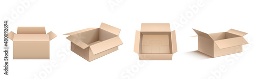 Empty cardboard boxes, brown carton package in front, angle and top view. Vector realistic mockup of open crates for fragile cargo, parcel, storage and shipping isolated on white background