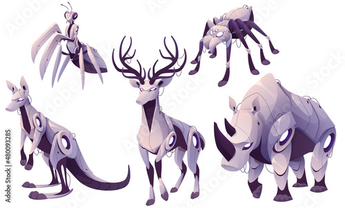 Mechanical animals, deer, kangaroo, rhinoceros, mantis and spider robots. Vector cartoon set of metal animals and insects cyborgs, futuristic mechanic pets, cute electronic machines