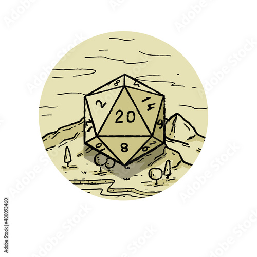 Logo of tabletop RPG game with 20d dice. Natural landscape engraving. Board adventure game.