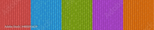 Wool knit, sweater fabric texture. Vector cartoon set of seamless patterns with knitting textile, red, green, blue, orange and purple warm jersey material swatches