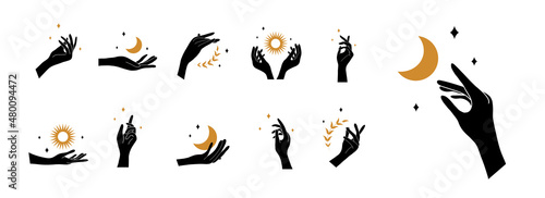 Boho hand with moon and sun. Collection of bohemian aesthetic design logos. Alchemy esoteric talismans. Vector illustration in minimalist style.