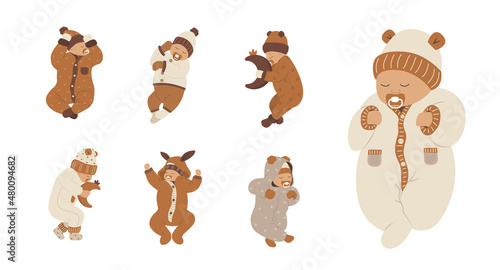 Boho sleeping baby. Set of cute newborns with pacifiers in scandinavian clothes. Healthy sleep concept. Vector illustration in flat cartoon style.