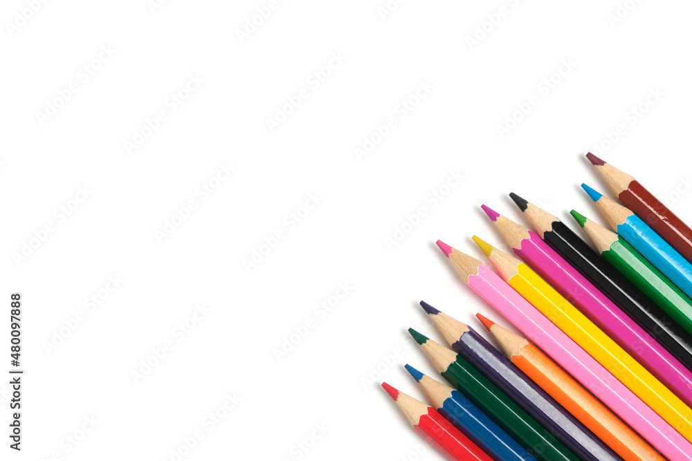 Bright colored pencils on a white background.School supplies for drawing. Bright colored pencils on a white background.School supplies for drawing.