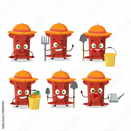 Farmer red push pin cute mascot character with fork
