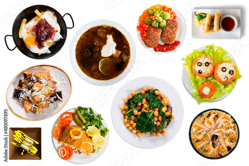 Top view of set of cooked meals and raw ingredients isolated on white