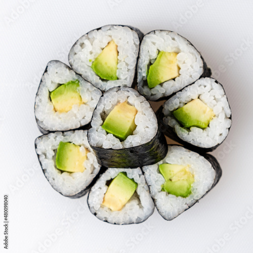 vegan sushi on the white background, top view