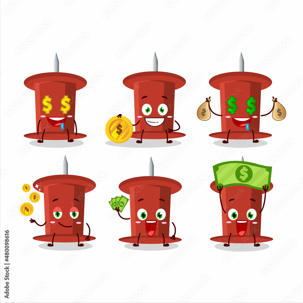 Red push pin cartoon character with cute emoticon bring money Red push pin cartoon character with cute emoticon bring money