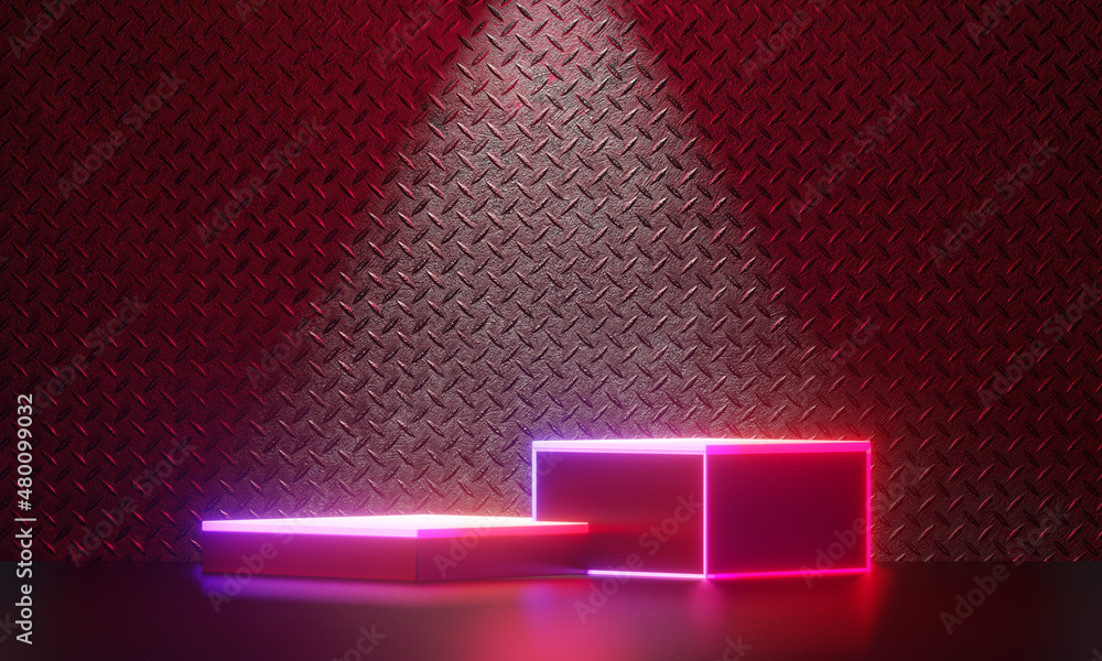 Obraz premium Two block Dark podium display background neon laser red pink light with spotlight metal wall in black theme. 3D illustration rendering.