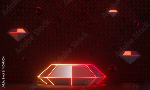 Dark diamond podium display background neon laser red pink light with light frame metal wall in black theme. 3D illustration rendering.