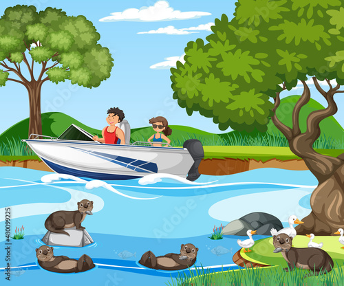 River forest scene with traveller on a speed boat