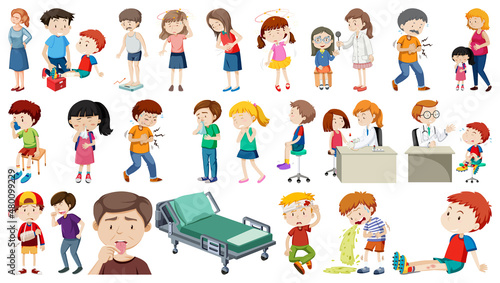 Set of sick people with different symptoms