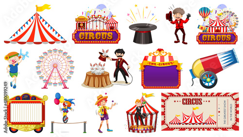 Set of circus characters and amusement park elements