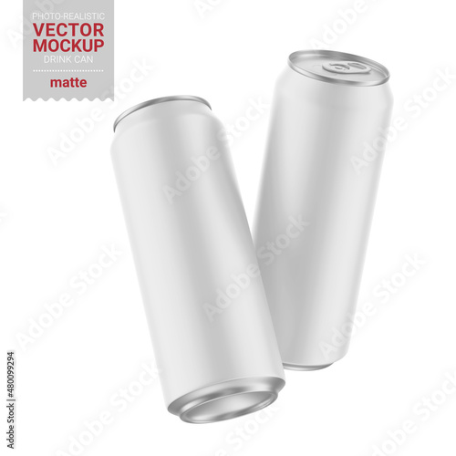 Two white matte drink cans mockup. Vector illustration.