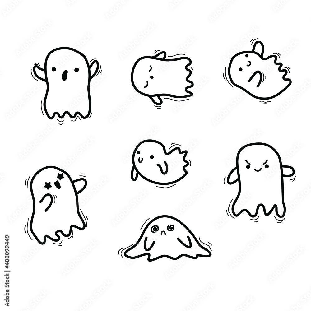 Fototapeta premium Doodle ghost. Halloween little ghost in cute kawaii style. funny smiling samhain ghosts set, spirit and sweets on white background. trick or treat stock cartoon image.
