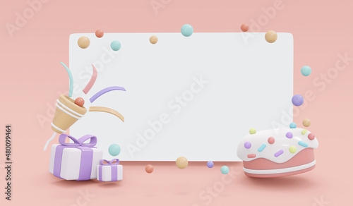 3D Rendering of party popper gift box cake and confetti with blank paper copy space in pastel theme banner background. 3D Render illustration.