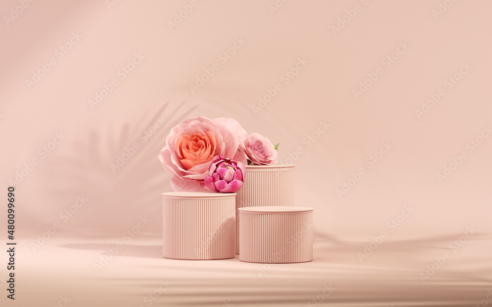 3D podium display, pastel pink background with rose flowers. Peonies flower and palm leaf shadow. Minimal pedestal for beauty, cosmetic product. Valentine, feminine copy space template 3d render - obrazy, fototapety, plakaty 