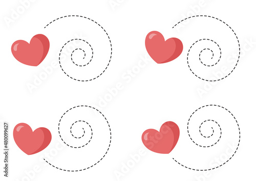 Tracing lines for kids with cute cartoon valentine hearts.