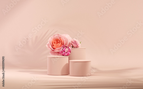 3D podium display, pastel pink background with rose flowers. Peonies flower and palm leaf shadow. Minimal pedestal for beauty, cosmetic product. Valentine, feminine copy space template 3d render