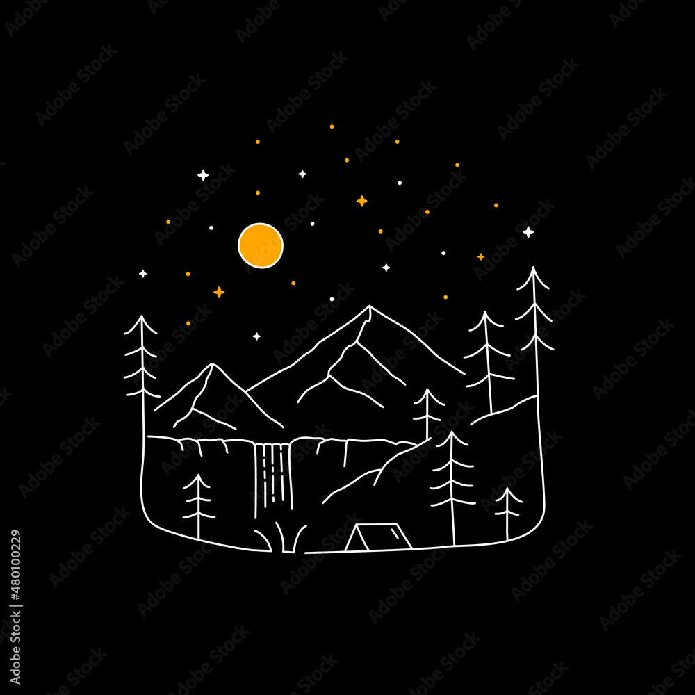 Mono line vector design of natural scenery in the form of campgrounds, waterfalls and mountains