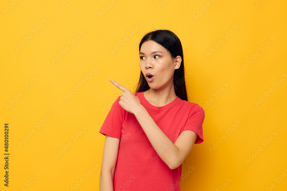 woman red t-shirts posing modern style isolated background unaltered woman red t-shirts posing modern style isolated background unaltered