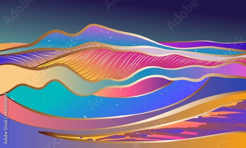 Abstract Futuristic Mountain Landscape. Banner with Line Art Fantastic Composition, Ideal for Wall Art Print, Modern Poster, Minimal Interior Design, Social Media. Vector EPS 10