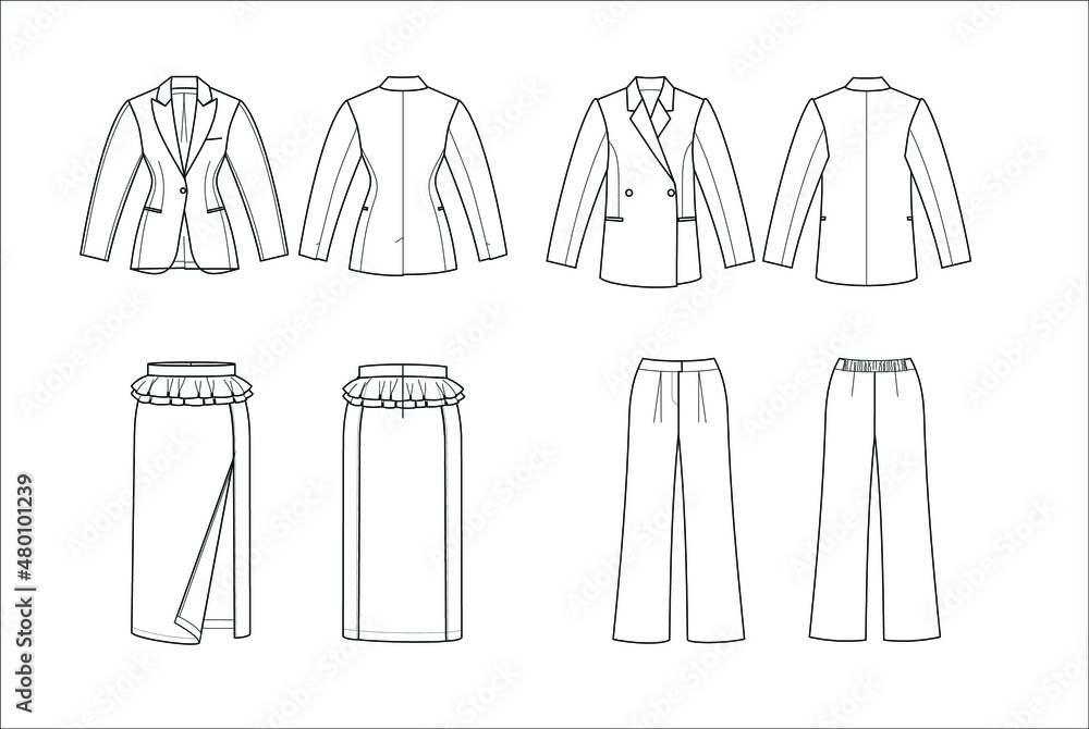 Technical drawing of a suit with an interesting cut of the jacket. Technical drawing of a suit with an interesting cut of the jacket.