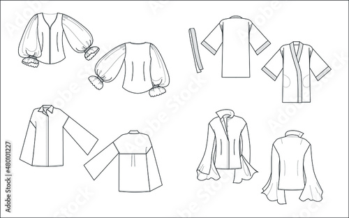 Technical drawings of various blouses. Front and rear view
