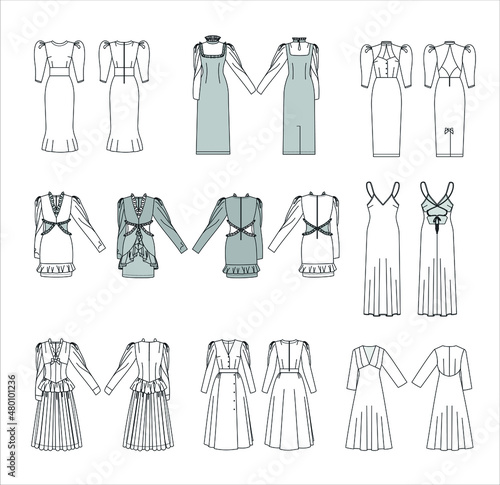 Technical drawing of various dress silhouettes 