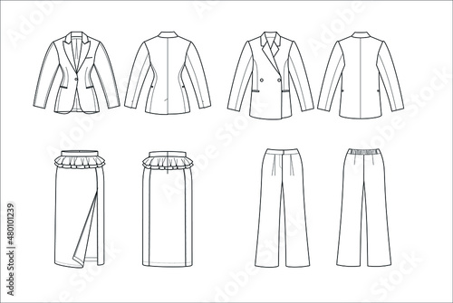 Technical drawing of a suit with an interesting cut of the jacket. 