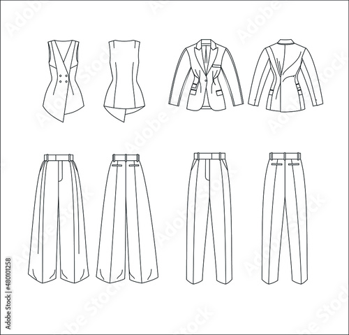 Technical drawing of various suit silhouettes. Technical drawing of trousers, jackets 