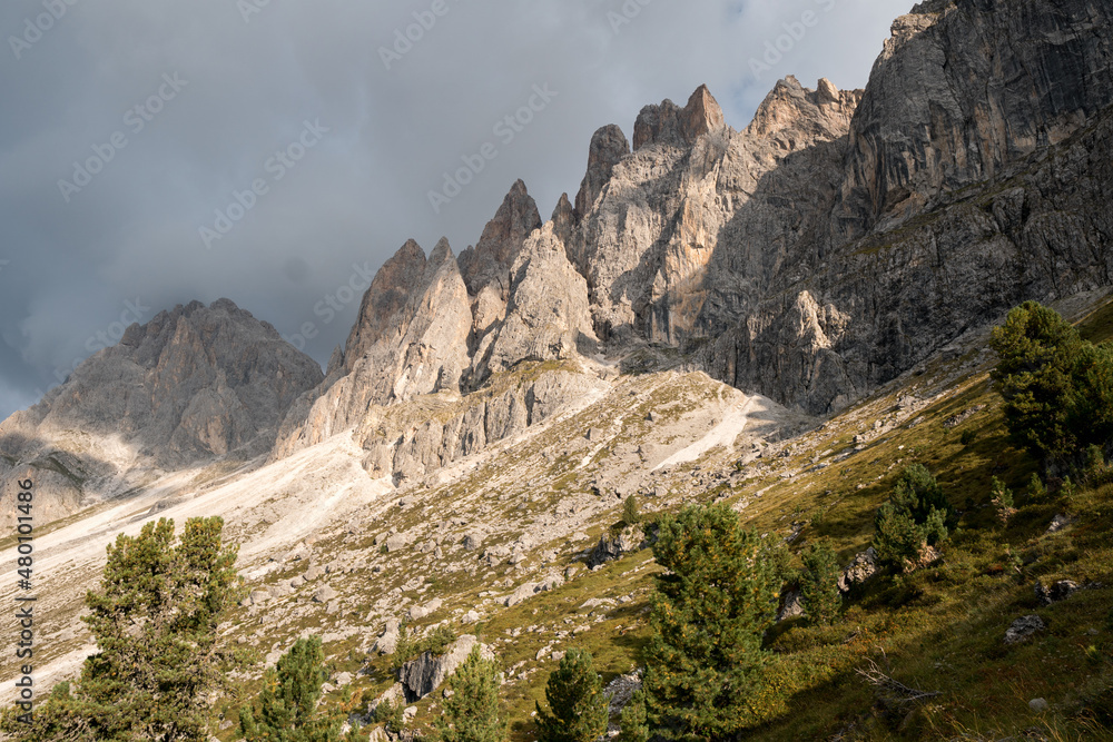 view of the Furchetta peak on background. Puez Odle National Park, Dolomiti Alps, South Tyrol, Italy, Europe.