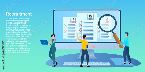 Recruitment of personnel.People use a computer to study applicants' questionnaires..Poster in business style.Flat vector illustration.