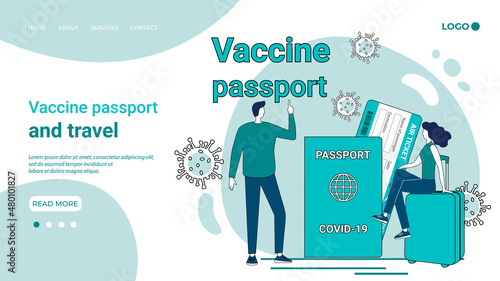 Vaccines passport and travel.A man woman with a passport,a car and a suitcase on the background of vaccines, is going on a trip.A call for safety and taking care of your health.Flat vector illustratio