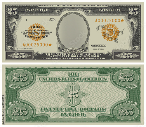 Fictional paper money, gold certificate, denomination of 25 dollars in the style of vintage 1934 US banknotes. Gray obverse and green reverse with guilloche grid