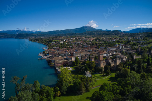 Top view of the historic part of the city Lazise Castle on the coastline of Lake Garda. Lazise Lake Garda Italy. Aerial view of the Scaliger Castle of Lazise. Panorama of the historic town of Lazise