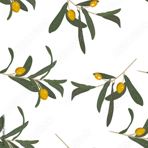 Olive branch with green olives seamless pattern.An endless pattern of green leaves. For wrapping paper. Ideal for wallpaper, surface textures, textiles