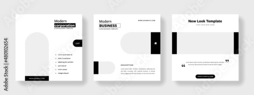 Clean monochrome editable social media post templates, rounded elements, black and white contrast graphic design. Modern business banner graphics for online advert, product presentation	