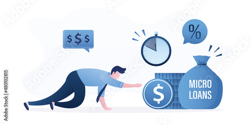 Micro loan for businessman to continue business in economic crisis. Unhappy entrepreneur crawling on floor. Business owner trying to get bank small loan. Cash gap, need for short-term credit.