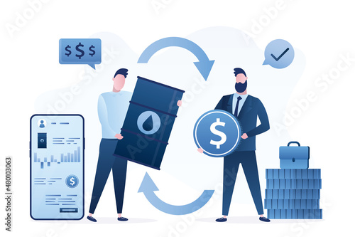Commodity exchange, concept banner. Business people holds dollar coin and steel barrel. Oil buying and selling. Stock speculation. Online trading technology. Global stock market.