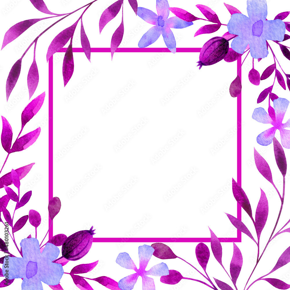 Violet floral frame, border, card, copy space. Watercolor flowers, leaves template, blank, banner, postcard, greeting, invitation. Delicate botanical design.