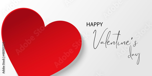 Red paper heart shape with shadow isolated on white background. Elegant 3d minimal  blank poster with realistic heart. Vector illustration for banner, cover, sale, wedding, Valentines card.