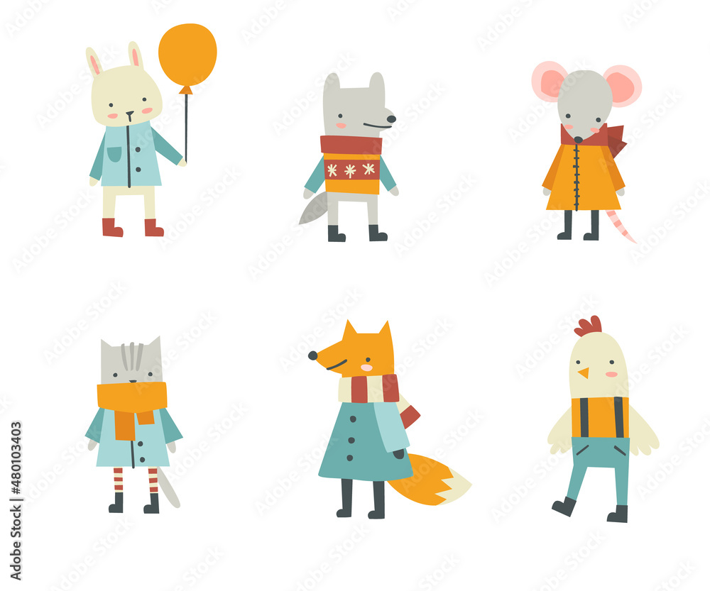 Fototapeta premium Cute dressed abstract animals set. Collection of naive doodle stylized mammal in clothes.