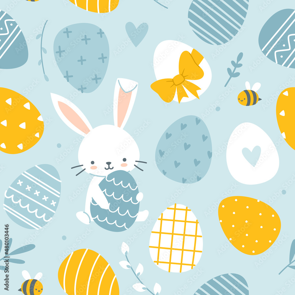 Easter bunny and painted eggs cute pattern. Blue and yellow seamless baby pattern for textile, apparel, fabric, nursery. Easter bunny and painted eggs cute pattern. Blue and yellow seamless baby pattern for textile, apparel, fabric, nursery.