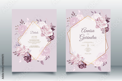 Beautiful floral frame wedding invitation card template Premium Vector