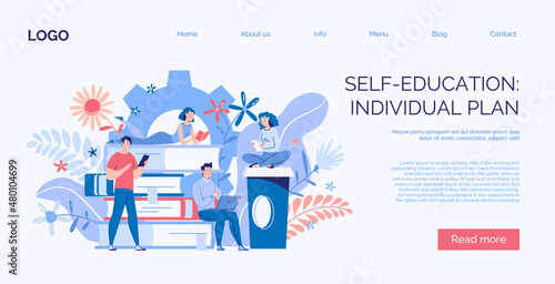 Web design template for online e-learning, self-education, remote work, earning. Library, e-book, e-textbook reading, book archive. Vector. Illustration. Cartoon flat.