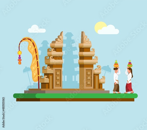 Nyepi or Galungan aka silence day traditional ceremony hindu religion in Pura Building from Bali Indonesia illustration vector