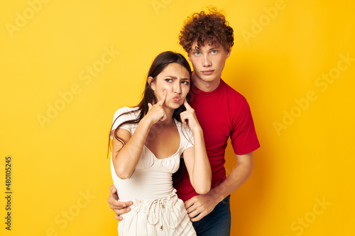 cute young couple Friendship posing hugs together Lifestyle unaltered