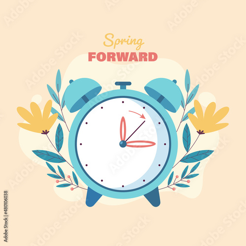 Flat spring forward illustration with clock 