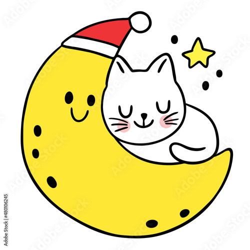 Cartoon cute cat sleeping on the moon vector.