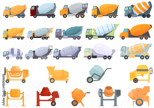 Fototapeta Naklejka Na Ścianę i Meble -  Concrete mixer icons set cartoon vector. Cement truck. Auto blender